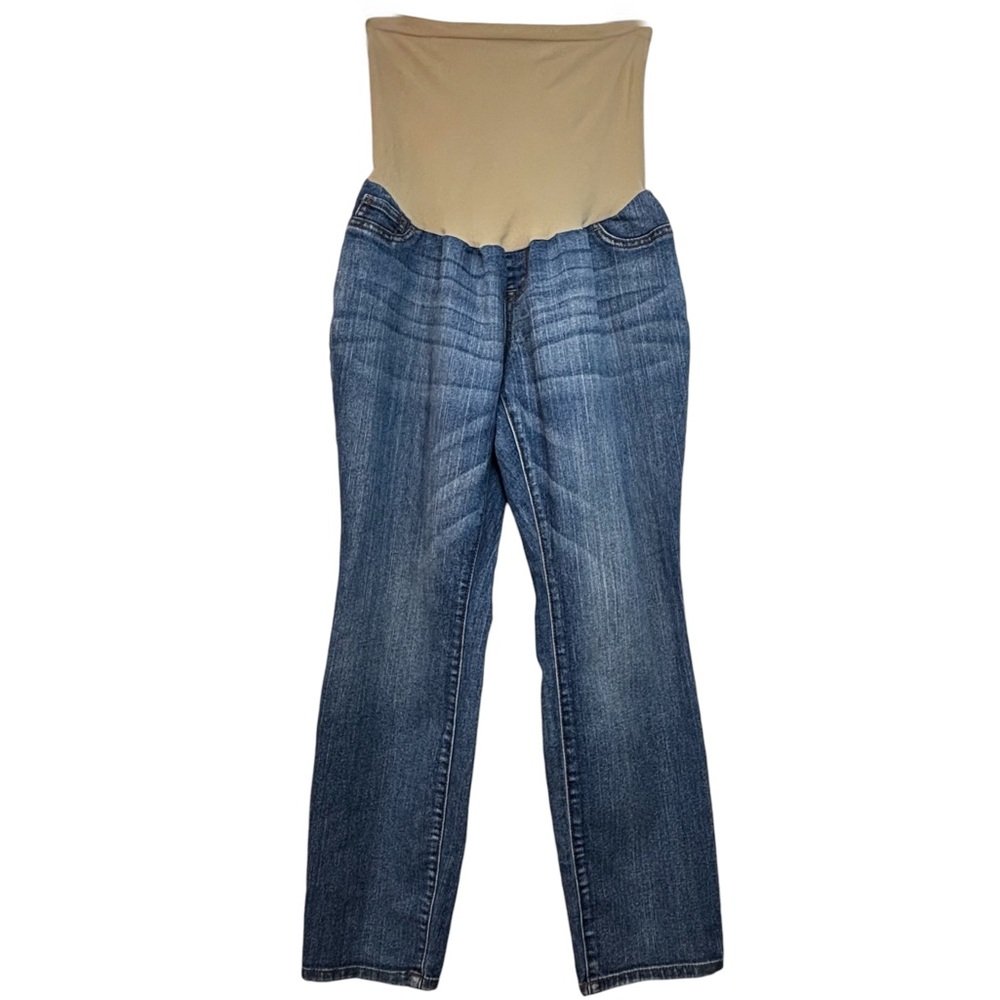 Indigo Blue Maternity Pull On Medium Wash Bootcut Denim Jean in PXL Tan Band